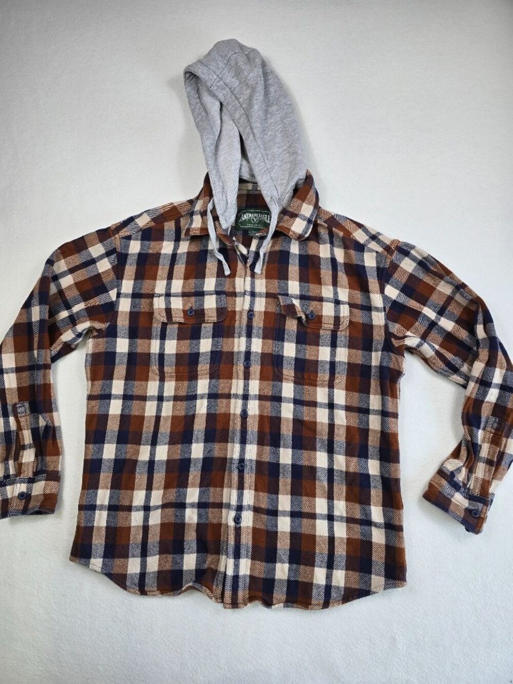 Vintage American Eagle Y2K Mens Plaid Flannel Shirt Hood M Brown & Blue Thick